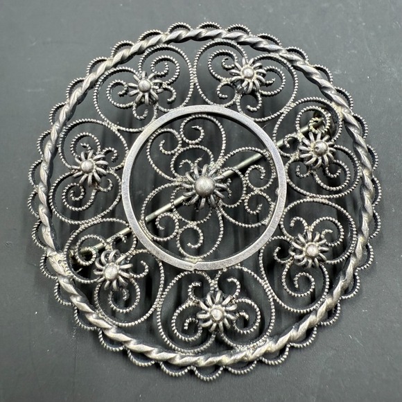 🌟 Vintage 800 Silver Filigree Brooch Pin • Intricate Swirl Floral Design • 2